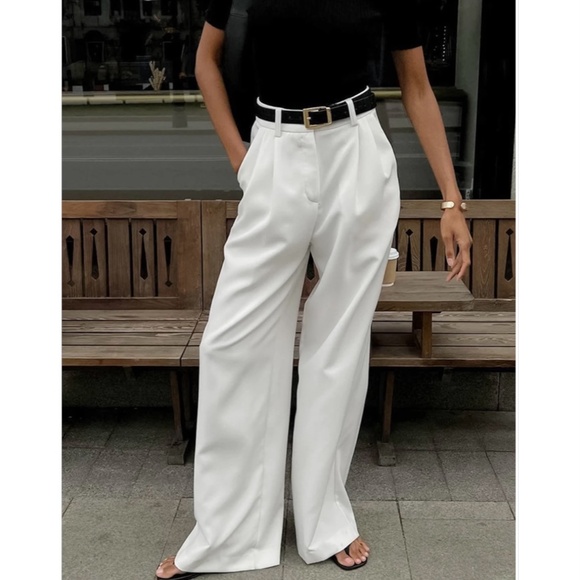 Commense Small Elegant White High Waisted Wide-Leg Career Business Casual Pants - Picture 1 of 9